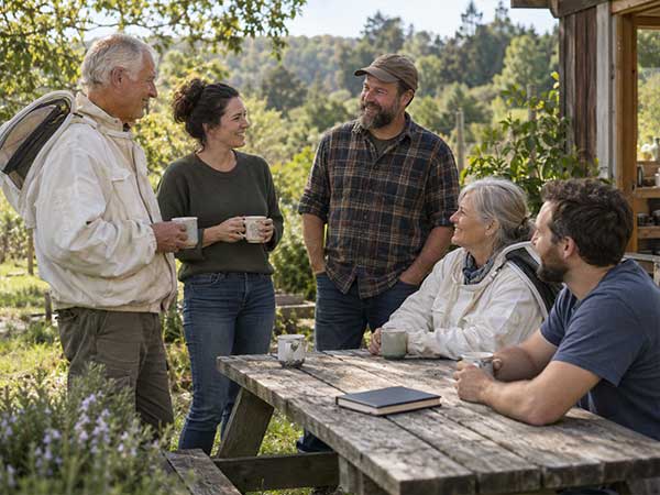 A friendly group chatting over a cuppa outdoors